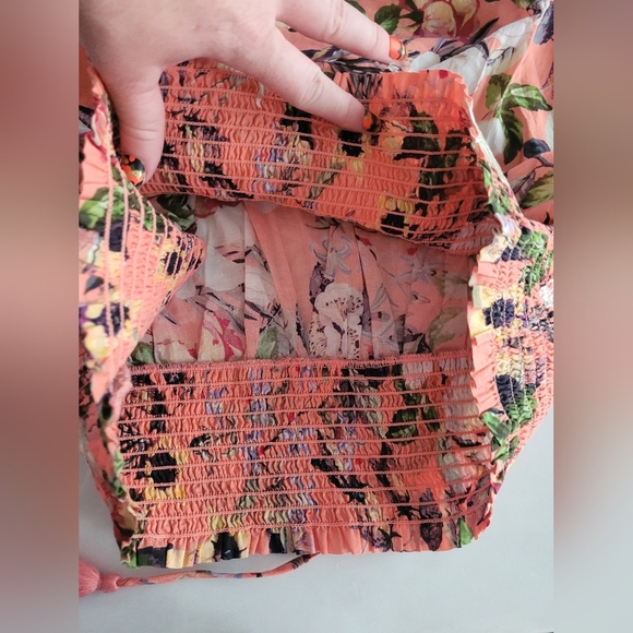 INC Smocked 100% Cotton Blossom Floral Ruffled Peach Blouse Size Large - Picture 6 of 13